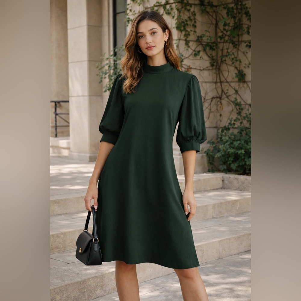Zara Dark Green Dress XL Puff Sleeve High Neck Keyhole Back Modest Clean Girl